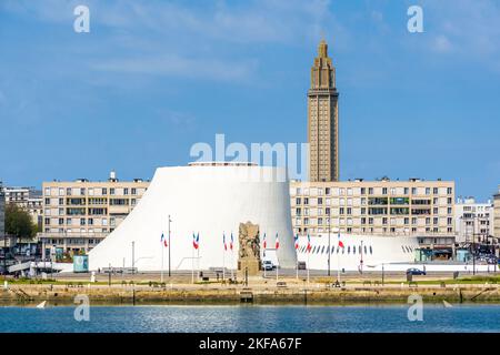 The Volcan theater, the Oscar Niemeyer public library and the bell tower of St. Joseph's Church in Le Havre, France. Stock Photo