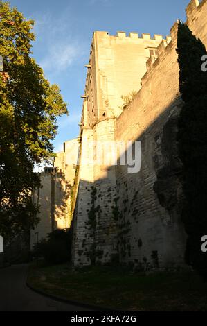 A view of the stone ramparts which form the defensive curtain wall around the Historic city of Avignon in France. Stock Photo