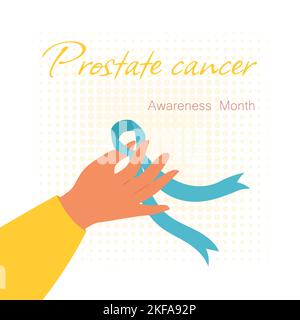 Blue ribbon in hand symbol of prostate cancer, vector banner. Male Cancer Awareness Month Stock Vector