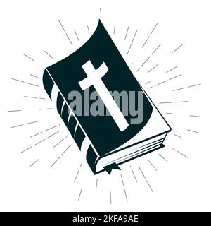 Holy Bible in paperback with turned-in angle, semi open the Old Testament book with crucifix, cover of open gospel , vector Stock Vector
