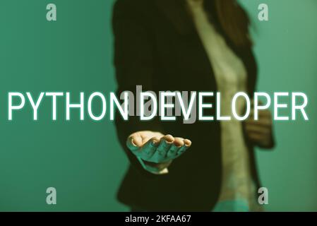 Writing displaying text Python Developer. Business showcase responsible for writing serverside web application logic Stock Photo