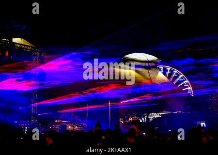 Laser Light Show Blue Purple Smoke at The Royal Melbourne Show, Melbourne Victoria VIC, Australia Stock Photo
