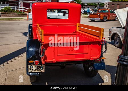 Des Moines, IA - July 02, 2022: High perspective rear view of a 1931 Ford Model A Pickup Truck at a local car show. Stock Photo