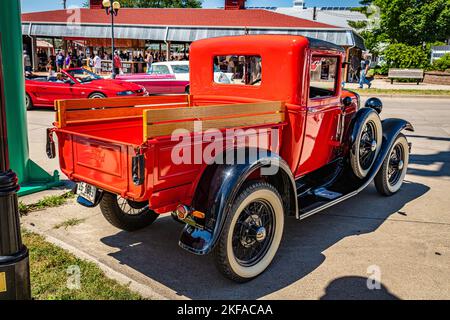 Des Moines, IA - July 02, 2022: High perspective rear corner view of a 1931 Ford Model A Pickup Truck at a local car show. Stock Photo