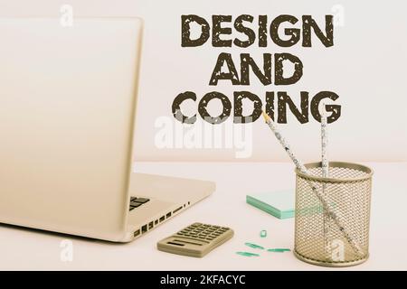 Hand writing sign Design And Coding. Concept meaning HTML and programming, Cross platform development website Stock Photo