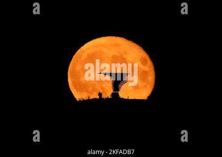 Art panopticon sculpture, the Singing Ringing Tree silhouetted against the rising Sturgeon super moon. Spooky halloween full moon. Stock Photo