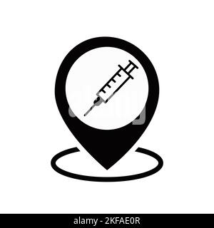 Vaccine and location icon. Syringe sign. The location of the hospital. Vector icon. Stock Vector