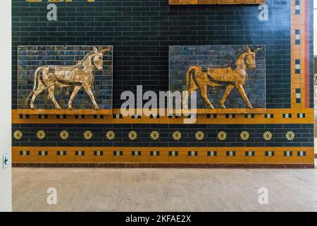 ISTAMBUL, TURKEY - SEPTEMBER 13, 2017: These are fragments of the gate Ishtar from Babylon with the image of unicorns in the Museum of Archeology. Stock Photo