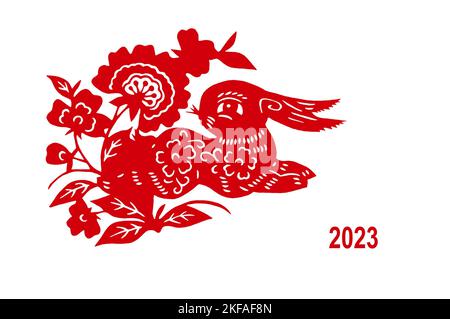 2023, chinese handmade red cut paper rabbit isolated on white background, happy new year greeting card Stock Photo