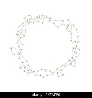 Vector cartoon round frame of tangled wire with colorful Christmas lights. Flat illustration Stock Vector