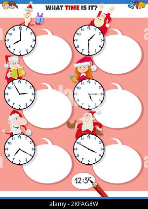 Cartoon illustrations of telling time educational task with clock faces and Christmas characters Stock Vector