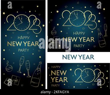 set Happy New Year greeting card vector template. Festive Christmas social media banner design with congratulations. Gold number 2023 framed by realis Stock Vector
