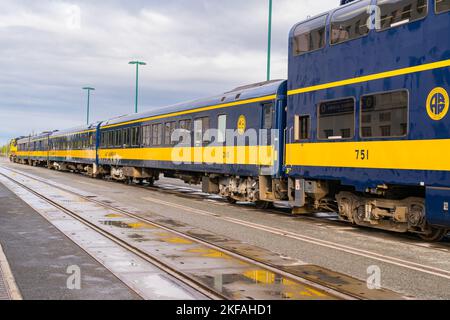 Anchorage, AK - September 4, 2022: Alaska Railroad passenger train waits to depart the Anchorage Depot in Alaska Stock Photo