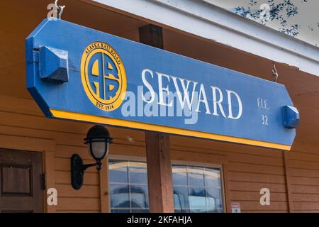 Seward, AK - September 1, 2022: Sign outside the Seward railroad train station of the Alaska Railroad Stock Photo