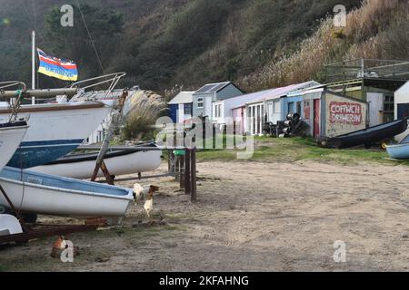 We Stand With Ukraine, Cofiwch Dryweryn & Boats at Nefyn, Llyn Peninsular, Gwynedd, North Wales Stock Photo