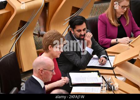 Edinburgh, Scotland, UK. 17th Nov, 2022. PICTURED: Humza Yousaf MSP, Scottish Cabinet Minister for Health. Scenes inside the weekly session of First Ministers Questions inside the Scottish Parliament at Holyrood. Scenes showing before, during and after FMQs. Credit: Colin D Fisher Credit: Colin Fisher/Alamy Live News Stock Photo