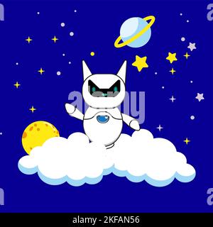 Aliens flying on the clouds. Science Technology Icon Concept Isolated Premium Vector. Flat Cartoon Style. Vector illustration Stock Vector