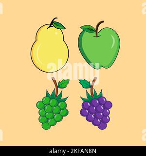 Set of different fresh fruits. Pear, Apple and grapes. A set for a logo or an icon. Vector illustration on a white background. Stock Vector