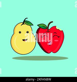 Cartoon pear and apple Cute funny happy for education, mascot character logo, flat cartoon illustration icon, children's book illustration, sticker Stock Vector