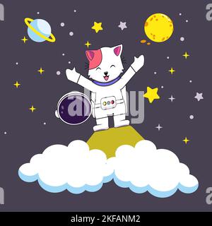 Cute Astronaut Cat Holding Helmet Cartoon Vector Icon Illustration. Animal Science Icon Concept Isolated Premium Vector. Flat Cartoon Style Stock Vector