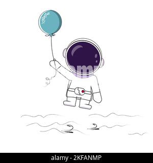 Space walk astronaut on the moon. Cute spaceman keeps balloon. Childish hand drawn vector illustration Stock Vector