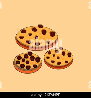 Chocolate chip cookie. Raster illustration cute pattern, background with chocolate chip cookie. Freshly baked choco cookie icon. Food pattern Stock Vector