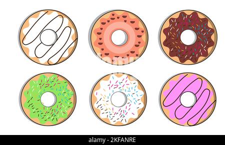 Donut vector set. Donut collection. Sweet sugar icing donuts. break time with white chocolate, strawberry and chocolate donuts top view. Stock Vector