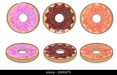 Donut vector set. Donut collection. Sweet sugar icing donuts. break time with white chocolate, strawberry and chocolate donuts top view. Stock Vector
