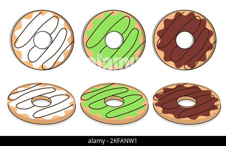 Donut vector set. Donut collection. Sweet sugar icing donuts. break time with white chocolate, strawberry and chocolate donuts top view. Stock Vector