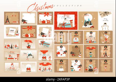 Hand drawn vector abstract fun stock flat Merry Christmas,and Happy New Year time cartoon festive cards bundle set with cute illustrations of Xmas and Stock Vector