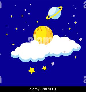 Cartoon full moon and clouds in the sky. Vector illustration is suitable for greeting cards, posters and prints on t-shirts. Stock Vector
