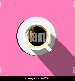 Coffee flat design illustration. Minimal Design Poster. Cup of Coffee on a light Background. Top View. Stock Vector
