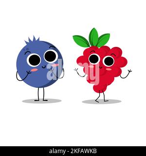 Cute funny food characters set isolated on white background. Fruits collection. Healthy food. Blueberry and rasperry. Beautiful simple cartoon design. Stock Vector
