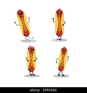 Hot dog. Cute fast food vector character . Hot dog. Cute fast food vector character. American Hot Dog. Happy Fast Food concept. Funny Emoticon. Stock Vector