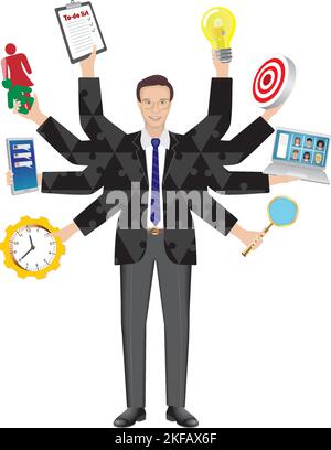 Man with many arms, looking like shiva, multitasking. Isolated on white. Vector illustration. Stock Vector