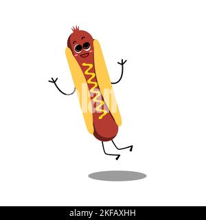 Hot dog. Cute fast food vector character . Hot dog. Cute fast food vector character. American Hot Dog. Happy Fast Food concept. Funny Emoticon. Stock Vector