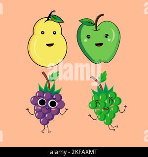 Vector collection of cute fruits. Funny fruit characters isolated on pink background, Cute and funny fruit set vector illustration Stock Vector