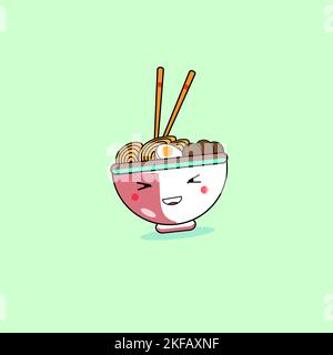 Egg Noodles and Meatballs With Chopsticks Vector Cartoon Icon Illustration. Isolated Premium Vector Food And Drink Icon Concept. Stock Vector