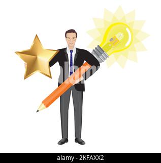 Man with big golden star and light bulb pencil. Big idea and appreciation for them. Isolated on white. Vector illustration. Stock Vector