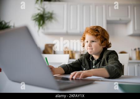 concentrated redhead boy using laptop while studying at home in kitchen Stock Photo