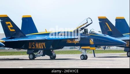 Farmingdale, New York, USA - 26 May 2022: US Navy Blue Angels Jet number two with its cockpit open parked at Republic airport on Long Island. Stock Photo