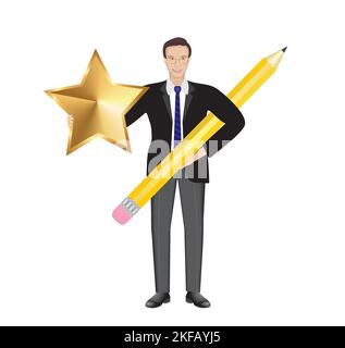 Man with big golden star and pencil. Appreciation for good writing. Isolated on white. Vector illustration. Stock Vector