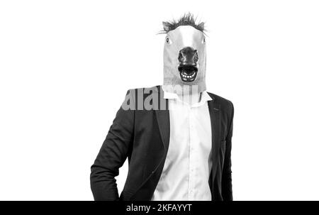 Professional man wear horse head and business suit isolated on white, workhorse Stock Photo