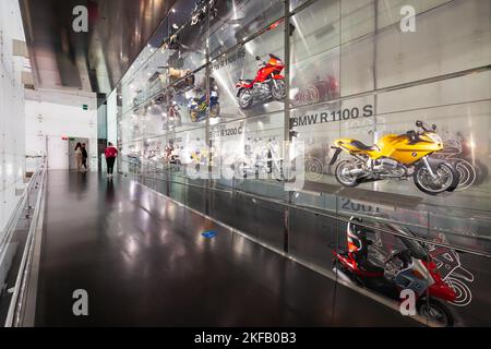 Munich, Germany - July 08, 2021: Vintage retro motorbikes in BMW Museum. It is an automobile museum of BMW history located near the Olympiapark in Mun Stock Photo