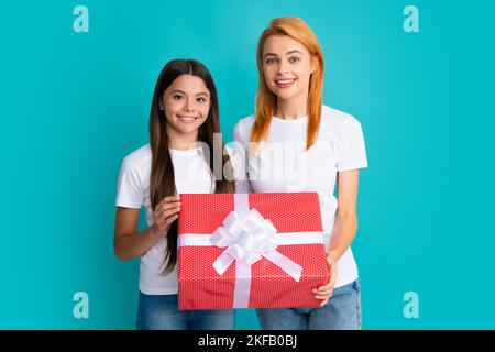Mothers day celebration. Best mom. Child daughter give gift box to mother. Happy mothers day. Stock Photo