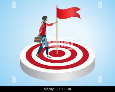 Goal. Woman put down flag in bull´s eye on dartboard. Vector illustration. Stock Vector