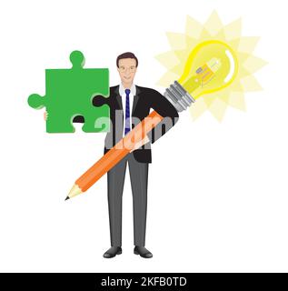 Man with big pencil with lightbulb and green jigsaw piece. Isolated on white. Vector illustration. Stock Vector