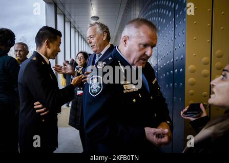 BADHOEVEDORP - Relative Anton Kotte, head of the National Investigation Department Andy Kraag, bereaved Piet Ploeg and assistant commissioner of the Australian Federal Police Peter Crozier (VLNR) at the Judicial Complex Schiphol after the verdict in the extensive criminal proceedings about the downing of a flight MH17. Four men are being prosecuted for involvement in the disaster that killed all occupants. ANP SEM VAN DER WAL netherlands out - belgium out Stock Photo