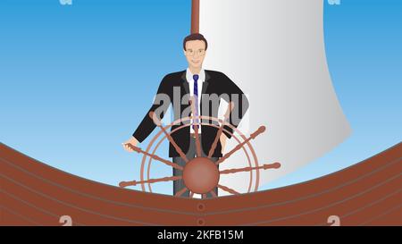 Man at steering wheel at big boat. Strategies in leadership. Vector illustration. Stock Vector