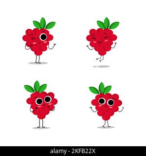illustration vector graphic of raspberry kawaii. Cute Raspberry bundle set premium vector. Perfect for your product, like juice,etc. Stock Vector